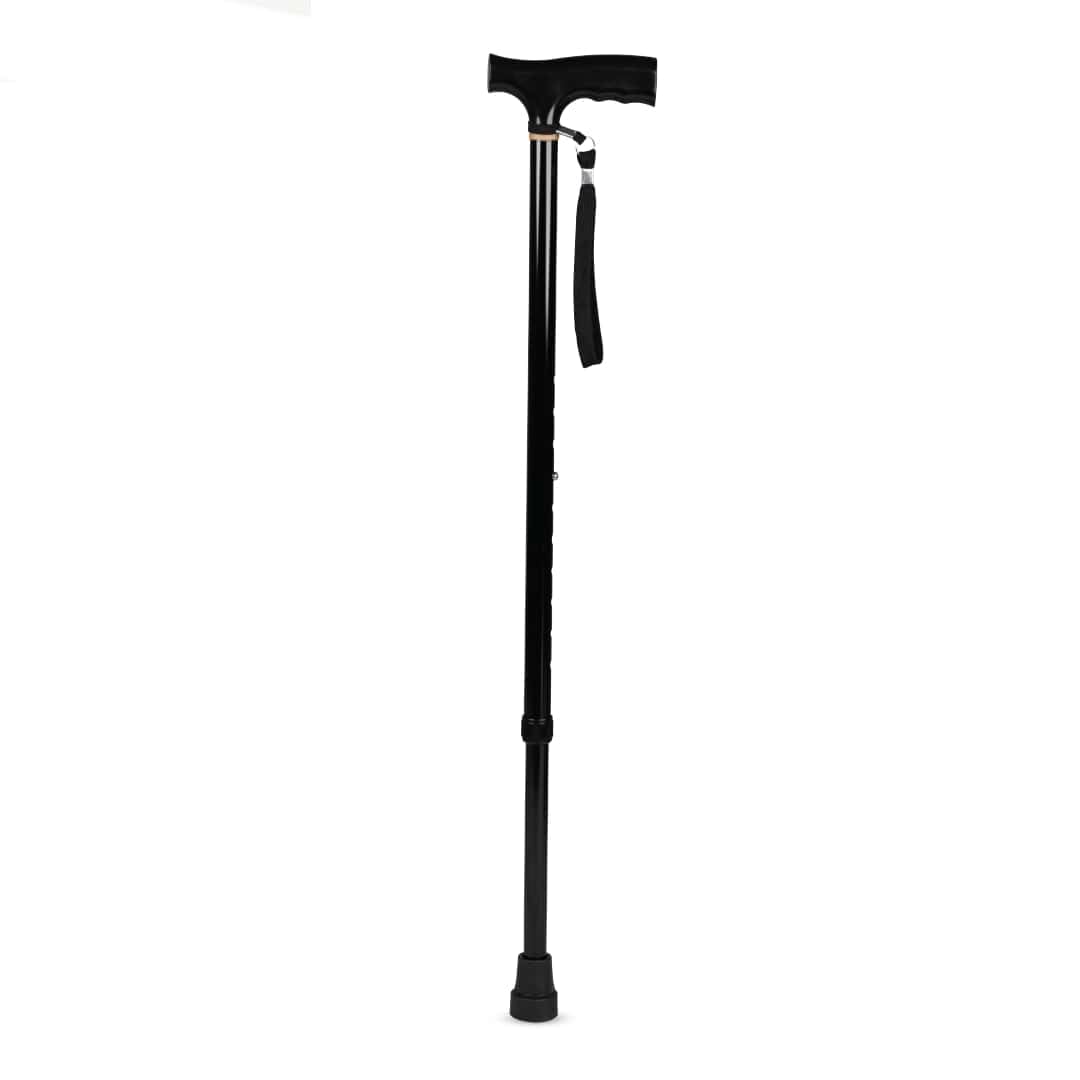 Vissco Avanti T-Shaped Aluminum Walking Stick with Light Weight & Height Adjustable Walking Aid, for Elderly & Those Physically Challenged, Durable Soft Rubber Shoes for Grip - Universal (Black)