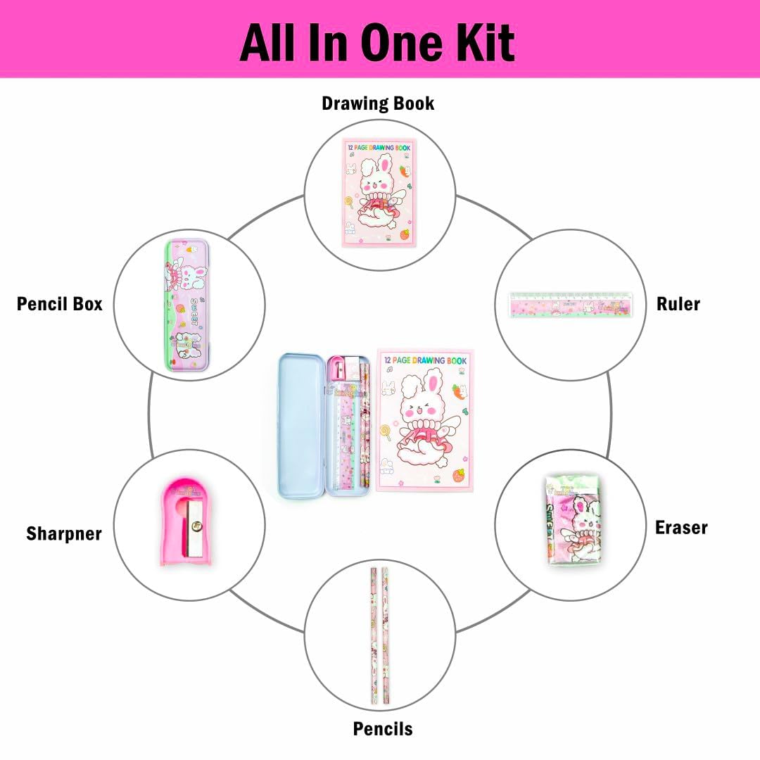 Toy Imagine™ Cute 8-Piece Stationery Kit for Kids – Includes Pencil Box, Pencils, Ruler, Drawing Book, Eraser, Sharpener & Transparent Pouch | School Supplies Set for Girls & Boys (Color May Vary)