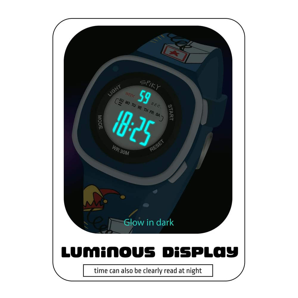 SPIKY Digital Sports Watch for Kids (Blue) | Multifunctional with Luminous Display & Alarm | Water Resistant & Printed Silicone Strap | Best Birthday Gift Wrist Watches for Boys & Girls | Age 2-14 Yrs