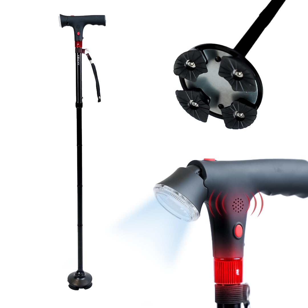 Antara AGEasy Walking Stick with SOS Alarm Button for Men & Women | Walking Cane for Old People | Walk Stick with Adjustable Height | Support Stick (Foldable Walking Stick with SOS Alarm)
