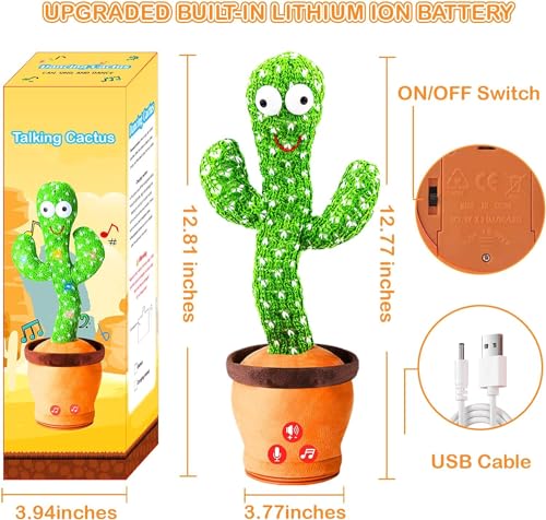 Storio Rechargeable Toys Talking Cactus Baby Toys for Kids Dancing Cactus Toys Can Sing Wriggle & Singing Recording Repeat What You Say Funny Education Toys for Children Playing Home Decor for Kids