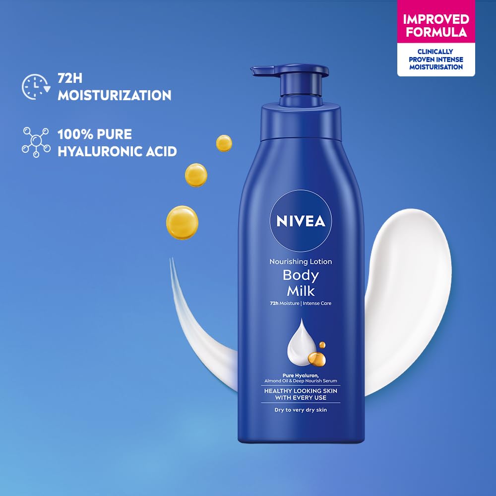 NIVEA Nourishing Body Milk 600ml Body Lotion with Hyaluronic Acid | 72Hr Hydration | Deep Moisture Care for Very Dry Skin | Enriched with Almond Oil | Smooth, Radiant & Healthy Looking Skin Care