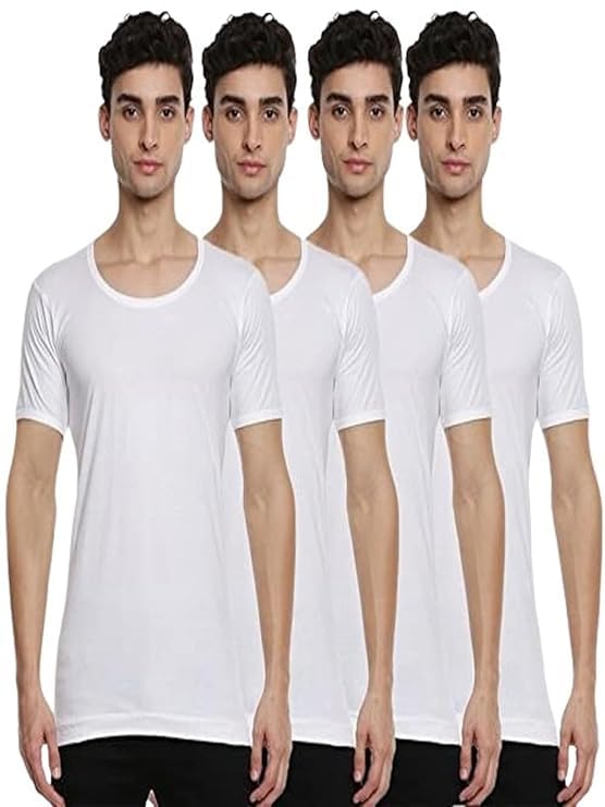 RAMRAJ COTTON Pack of 4 Men's White Round Neck Half Sleeve Cotton Undershirt Vest(White;85)