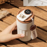 JUGTE 316 Stainless Steel Coffee Mug Cup with Insulated Vacuum Thermal, Digital Display & Leak-Proof with Lid Thermos Flasks for Travel, White Brown, 460 ml