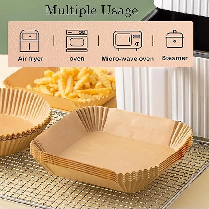 ZELKEY 100 PCS Air Fryer Paper Sheets, Disposable Paper Liner for Microwave, Oil-Proof Air Fryer Parchment Paper for Frying, Baking, Cooking, Roasting and Microwave (Square 8 INCH)