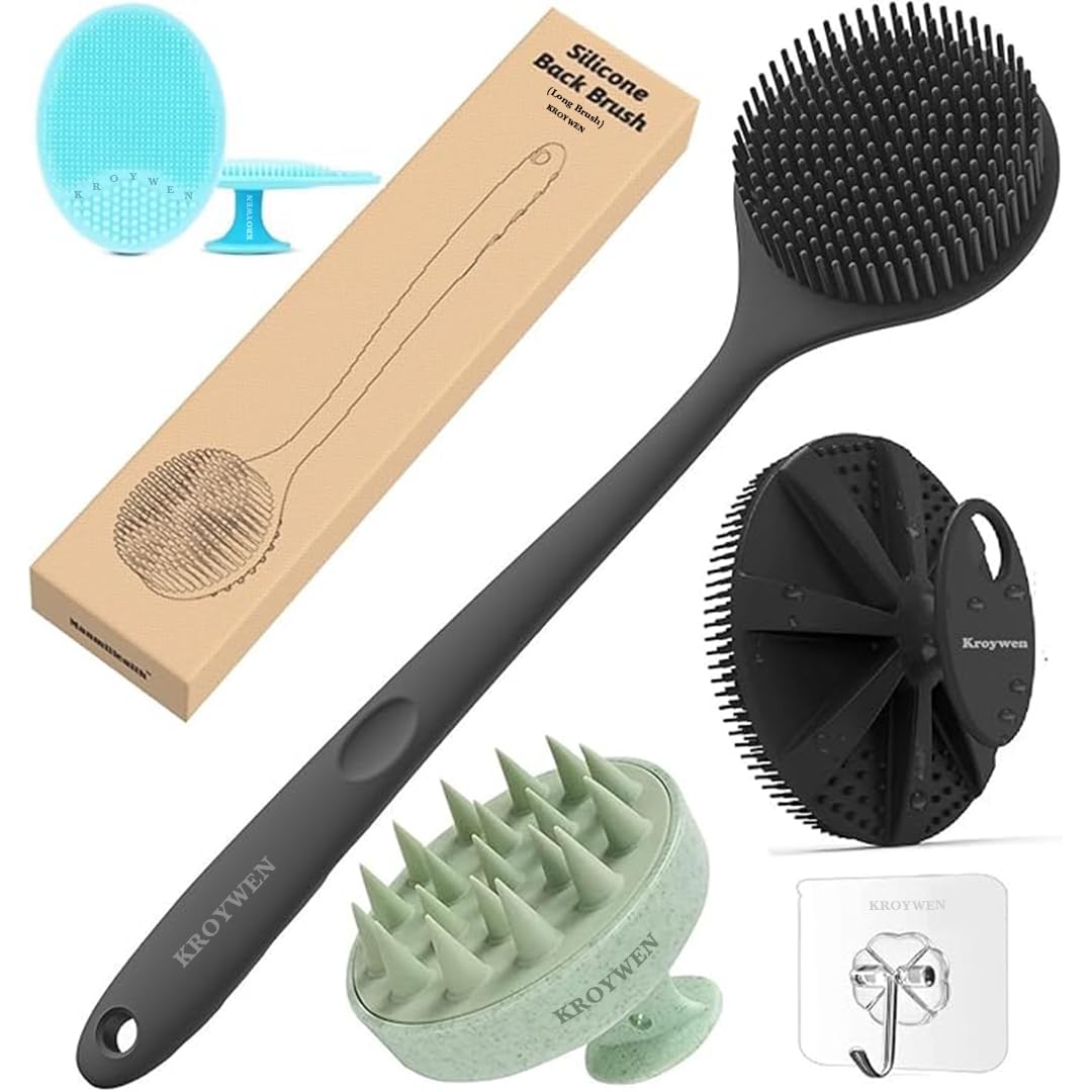 KROYWEN Soft Silicone Back Scrubber Long Handle Bath Brush + Body Scrubber Bath Brush + Scalp Massager for Hair + Face Scrubber Brush, Combination Combo, Super-Exfoliating & Lathering Body Scrubber, Shower Brush | BPA-Free | for Men and Women (7 Pcs Combo