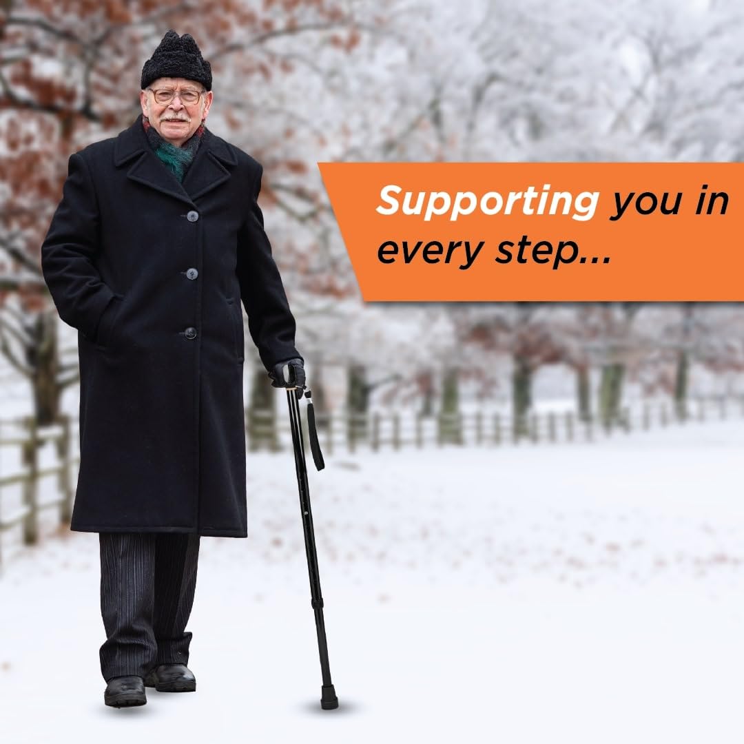 Vissco Avanti T-Shaped Aluminum Walking Stick with Light Weight & Height Adjustable Walking Aid, for Elderly & Those Physically Challenged, Durable Soft Rubber Shoes for Grip - Universal (Black)