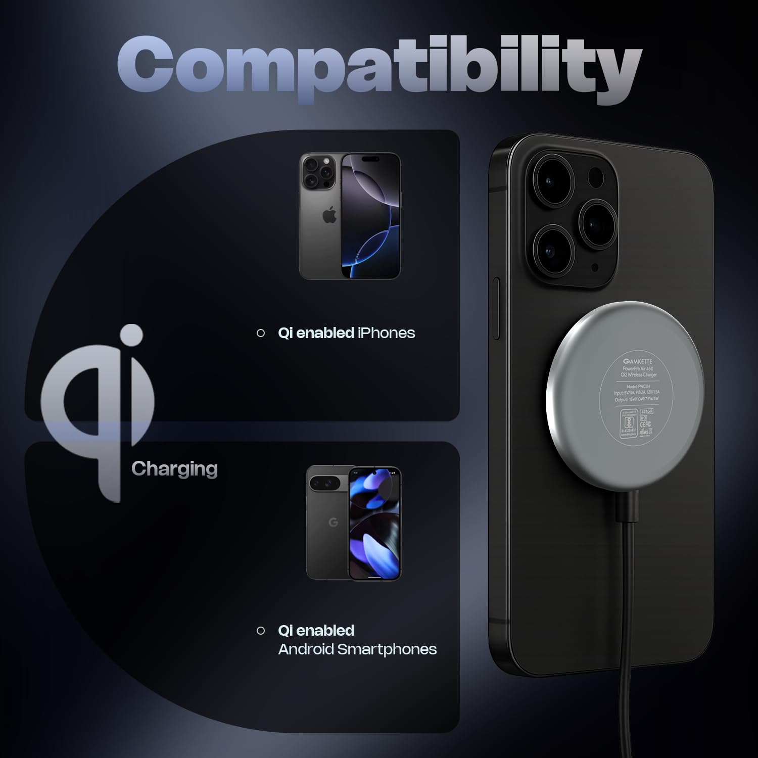 Amkette Air 450 Wireless Charger/Magsafe Charger | Latest Qi Technology 15W Wireless Charging with MagSafe Compatibility| Includes Magnetic Ring for Non-MagSafe Phones | Universal Compatibility