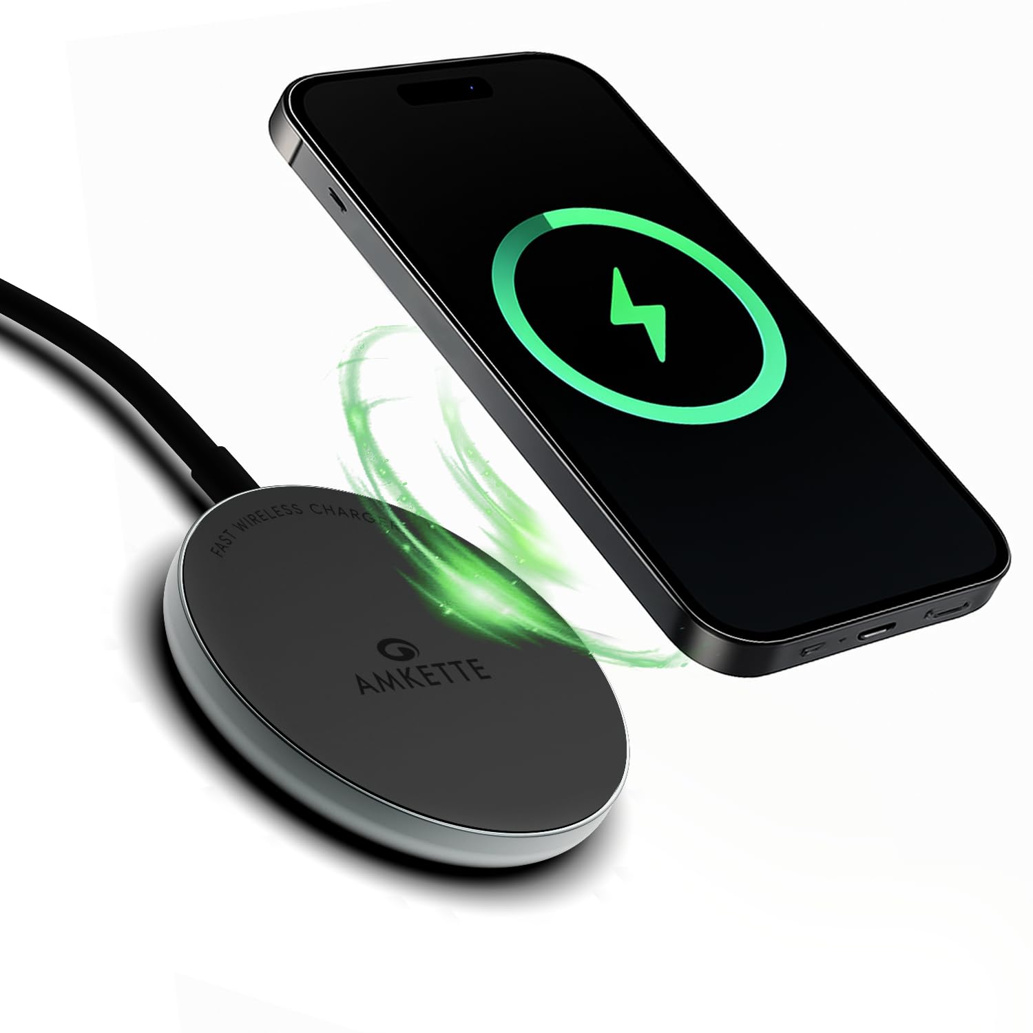Amkette Air 450 Wireless Charger/Magsafe Charger | Latest Qi Technology 15W Wireless Charging with MagSafe Compatibility| Includes Magnetic Ring for Non-MagSafe Phones | Universal Compatibility