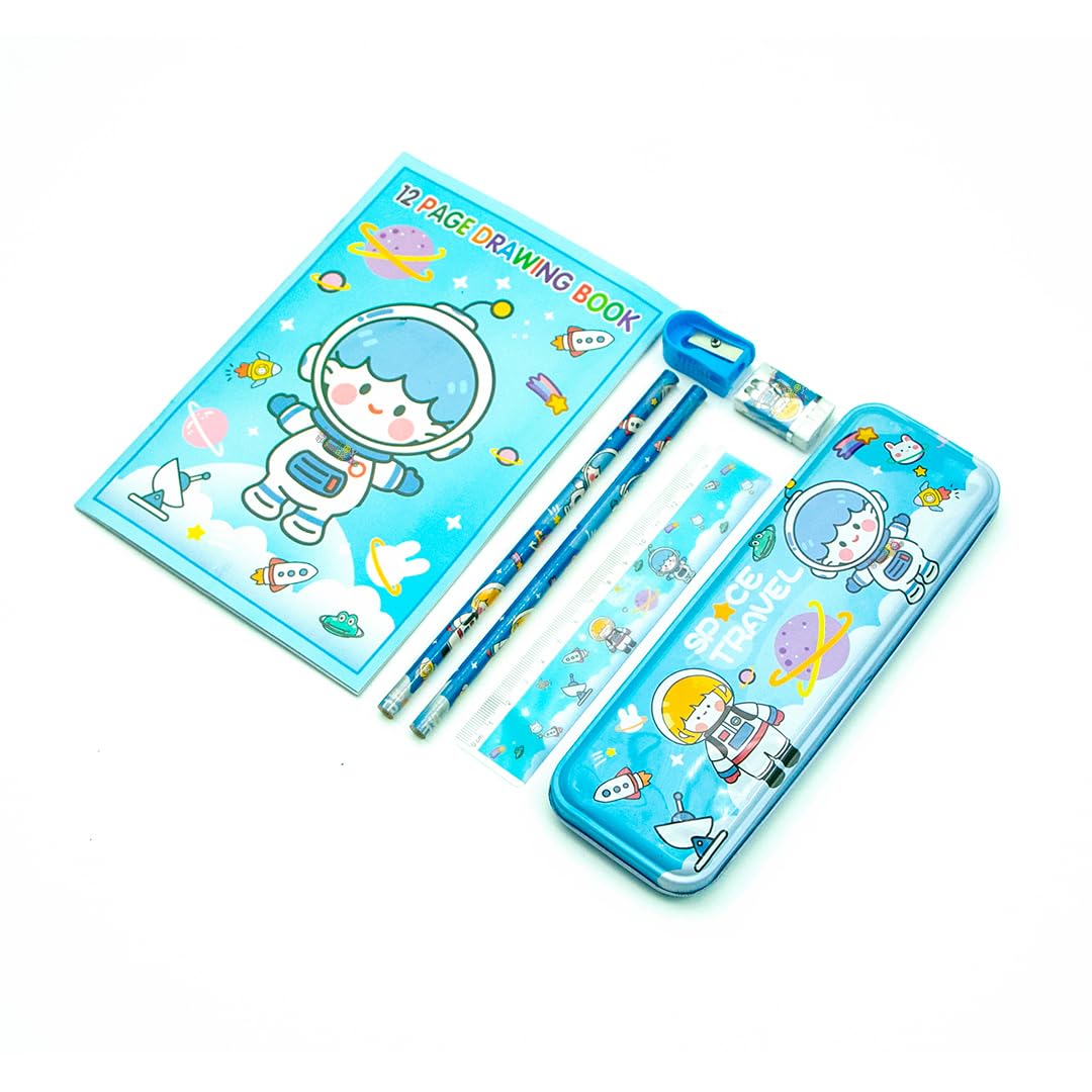 Toy Imagine™ Cute 8-Piece Stationery Kit for Kids – Includes Pencil Box, Pencils, Ruler, Drawing Book, Eraser, Sharpener & Transparent Pouch | School Supplies Set for Girls & Boys (Color May Vary)