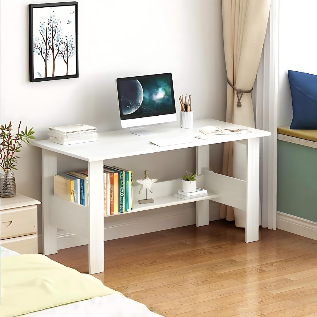 Callas Engineered Wood Computer Desk with Shelf – Modern Laptop Study Table for Home Office, Workstation & Writing Desk for Students and Professionals (ST-09-White)