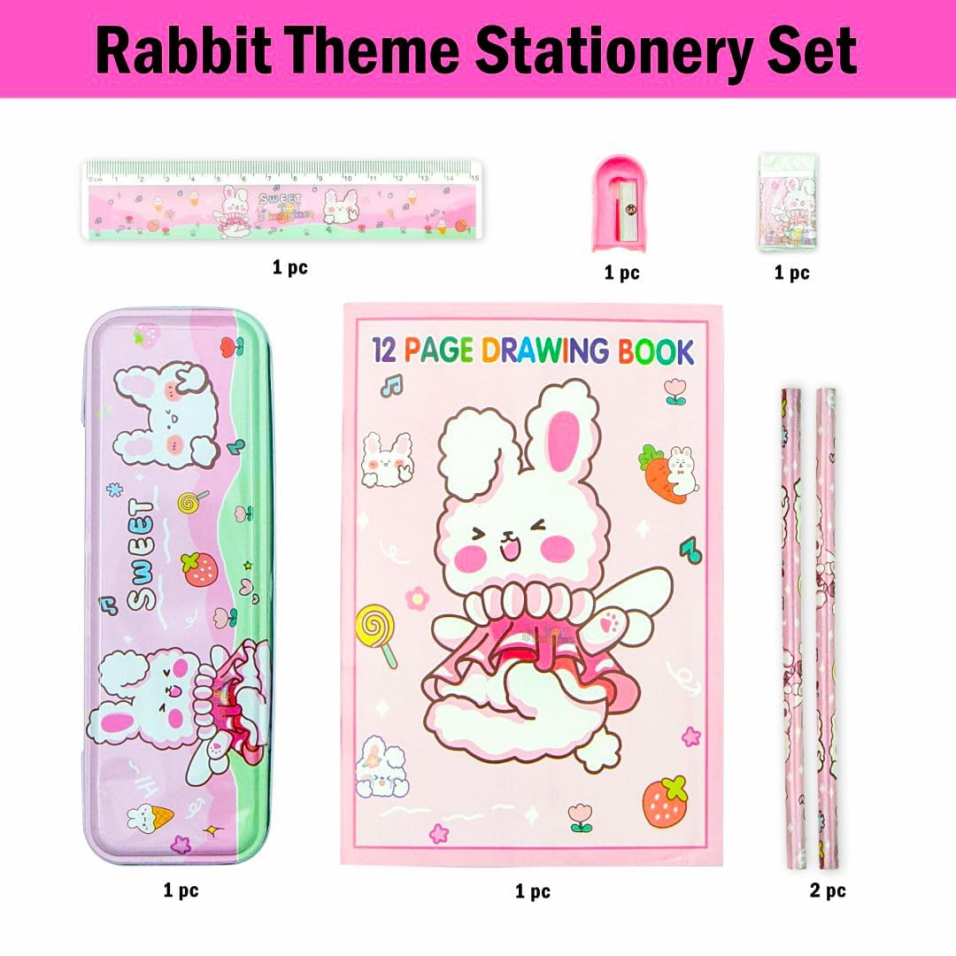 Toy Imagine™ Cute 8-Piece Stationery Kit for Kids – Includes Pencil Box, Pencils, Ruler, Drawing Book, Eraser, Sharpener & Transparent Pouch | School Supplies Set for Girls & Boys (Color May Vary)
