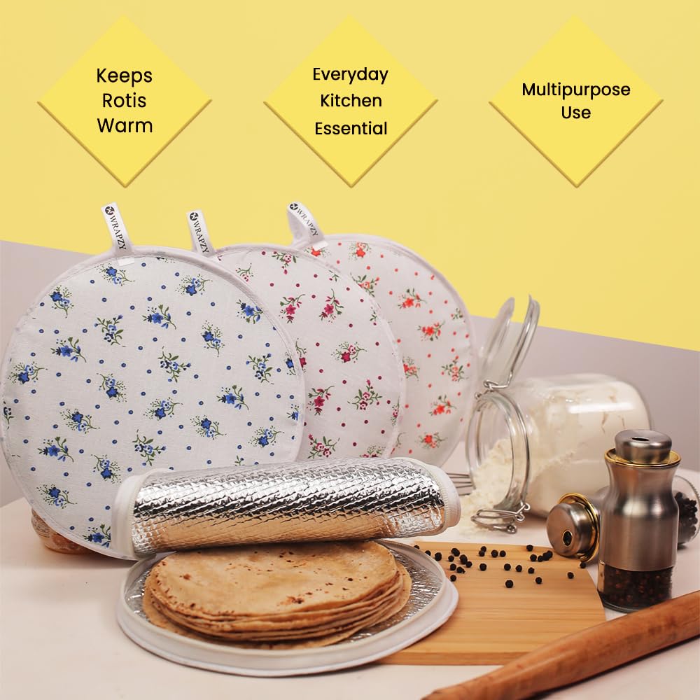 Wrapzy Insulated Roti Cover with Zip – Premium Chapati Cloth Bag for Hot Fresh Roti | Roti Insulation Bag | Chapati Cover Cloth for Casserole | Roti Pouch for Kitchen (Pack of 2)