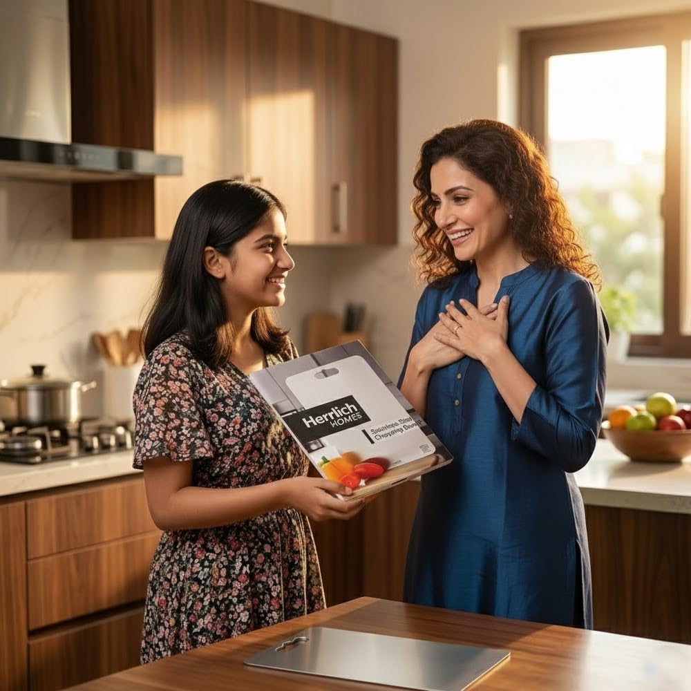 Herrlich Homes Rectangle Stainless Steel Chopping Board | with Steel Straw & Anti-Skid Silicon Pad | for Cutting Vegetables, Meat, Fish, Fruits | Chopping Board for Kitchen | M | 31 x 21 cm