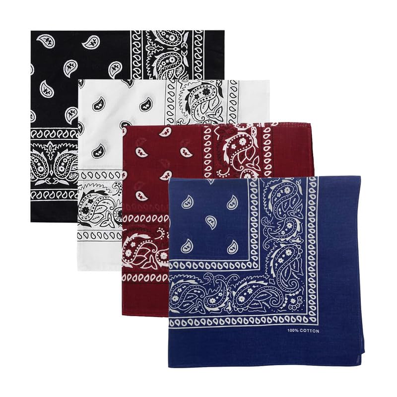 DIKHAWA Unisex Soft Breathable Cotton Paisley Printed Cowboy Bandanas,Headband,Scarf (BLACK,WHITE,NAVY,BURGUNDY_50CM X 50CM_Pack of 4)