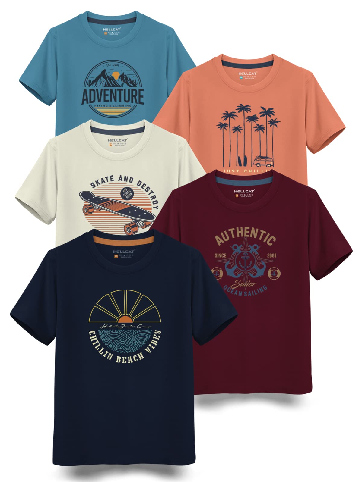 HELLCAT Trendy Typographic Printed Cotton Blend Half Sleeve T-Shirt for Boys - Pack of 5 / Navy Blue & Burgundy & Beige & Saffron & Turquoise Blue / 3-4 Years, Regular Fit