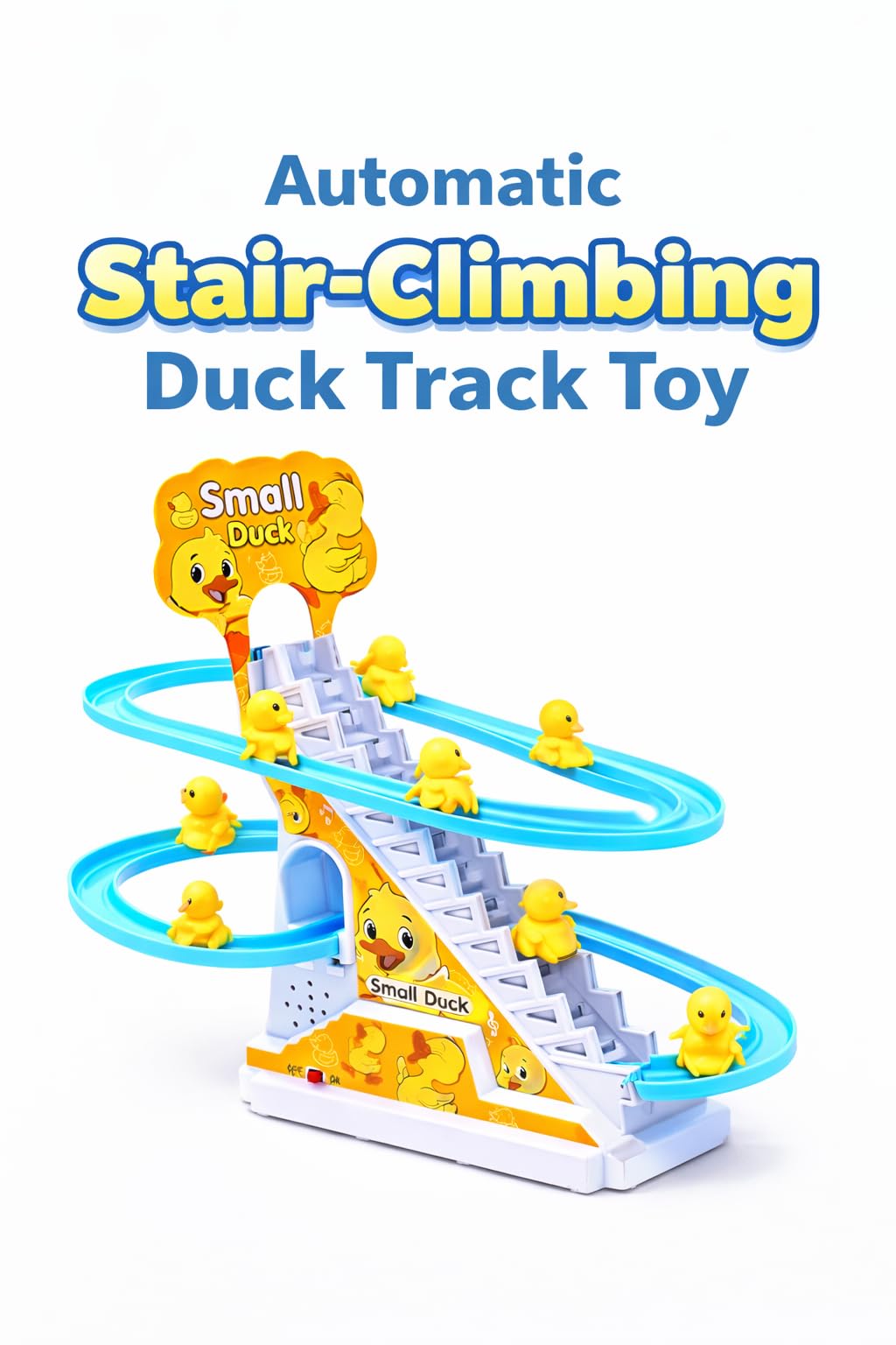 TEC TAVAKKAL Slide Toy Race Duck Track Set, Funny Automatic Stair-Climbing Ducklings Cartoon Roller Coaster Escalator Toy with Flashing Lights & Music
