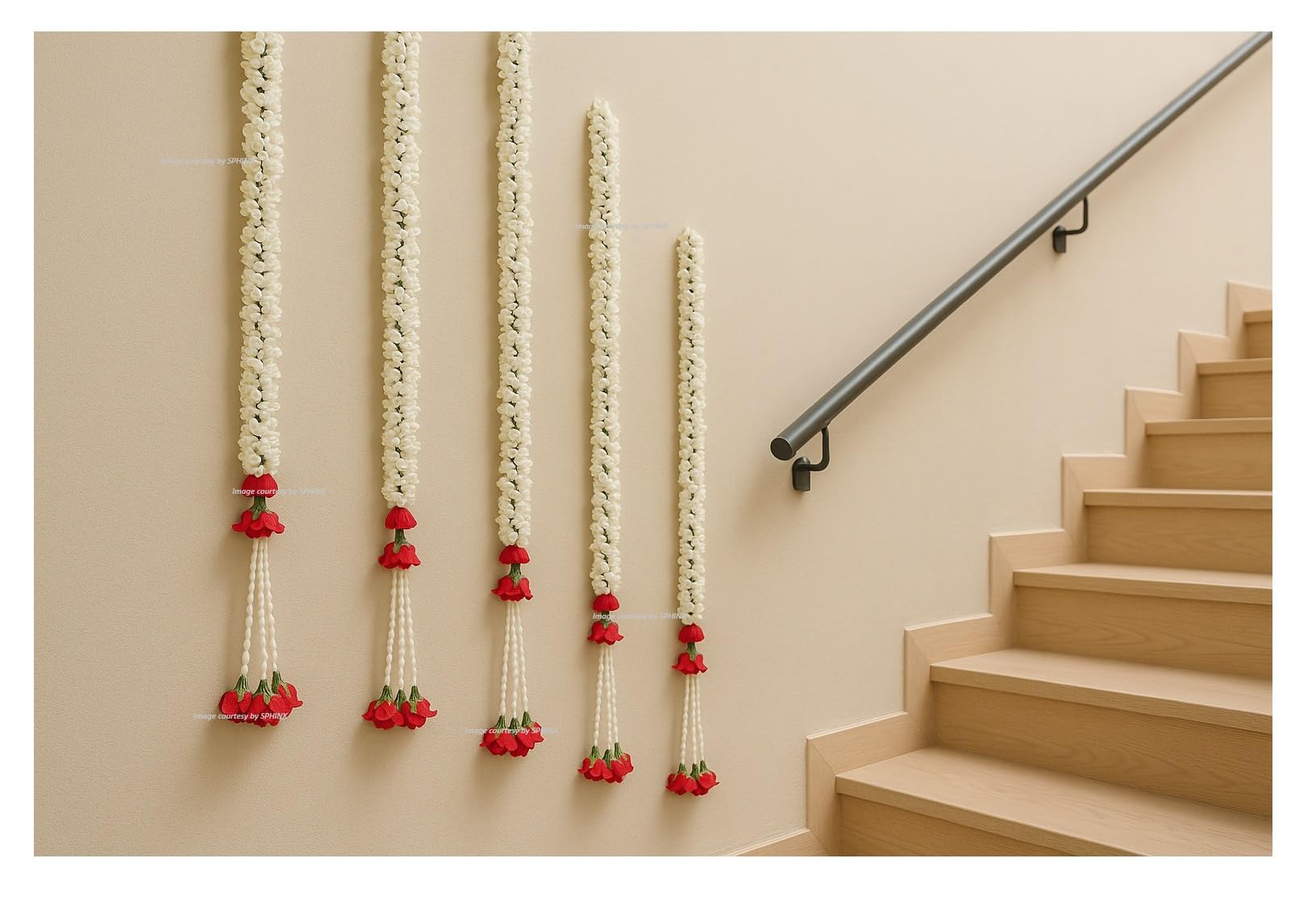 Sphinx Artificial Jasmine Buds (Mogra)& Clustered Rose Strings for Festive Pooja Wedding Housewarming Decorations Approx 2.5 ft - Number of Strings- (Red, 6)