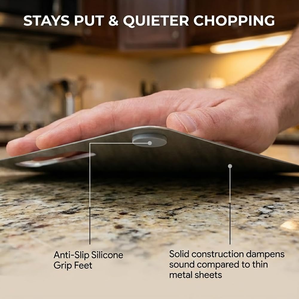 Herrlich Homes Rectangle Stainless Steel Chopping Board | with Steel Straw & Anti-Skid Silicon Pad | for Cutting Vegetables, Meat, Fish, Fruits | Chopping Board for Kitchen | M | 31 x 21 cm