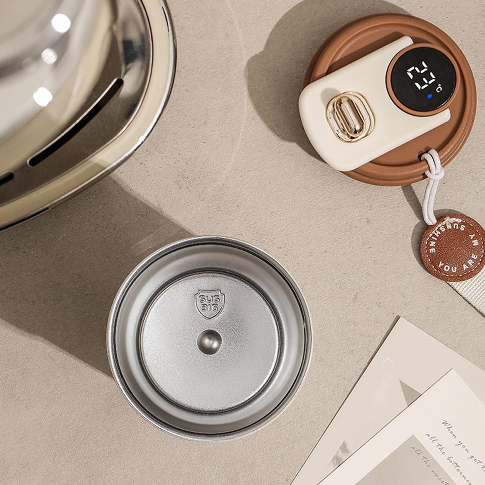 JUGTE 316 Stainless Steel Coffee Mug Cup with Insulated Vacuum Thermal, Digital Display & Leak-Proof with Lid Thermos Flasks for Travel, White Brown, 460 ml