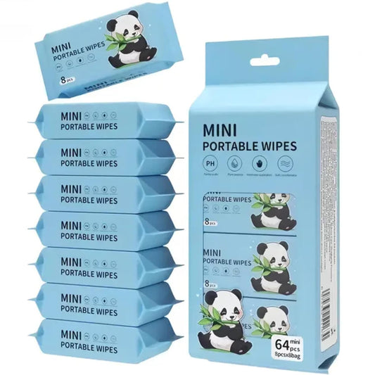 AAMATY Mini Portable Wet Wipes for Travel, Baby, Face & Hand Cleaning | 64 Wipes (8×8 Packs) | Soft Refreshing Wipes for Kids & Adults | Pocket Size Wet Tissue for Outdoor, Office, Car, School
