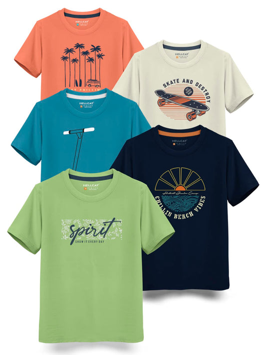 HELLCAT Trendy Typographic Printed Cotton Blend Half Sleeve T-Shirt for Boys - Pack of 5 / Jade Green & Navy Blue & Aqua Blue & Beige & Saffron / 5-6 Years