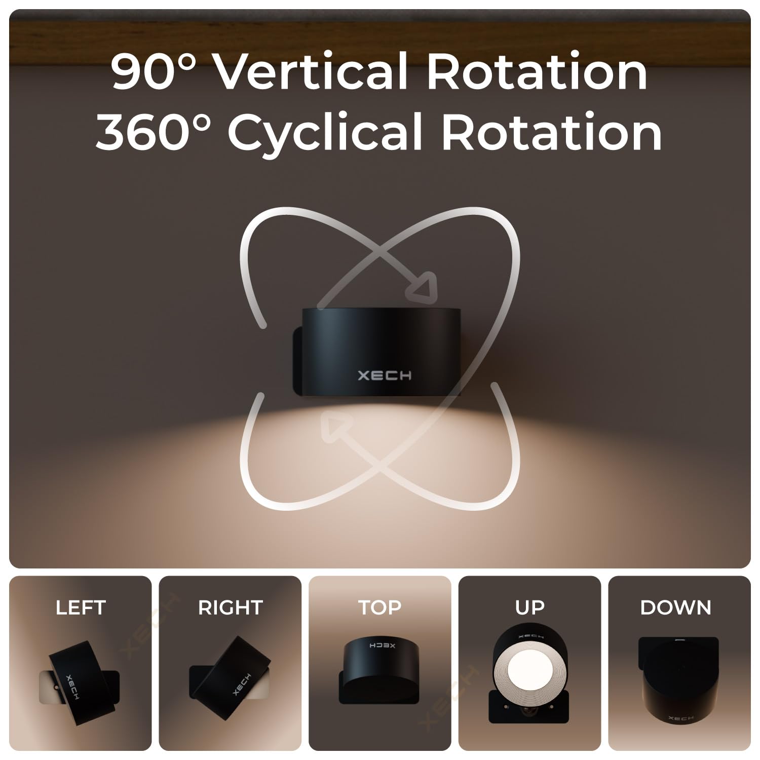 Xech Rechargeable Magnetic Wall Light | Stick-On or Screw Mount | Touch Control LED Lamp | 3 Brightness Levels | USB-C Warm White Light | Rotatable Detachable Head (Magmount) (Black)