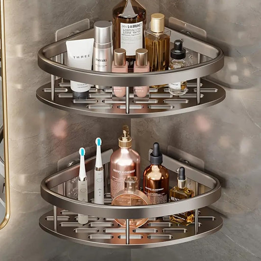 Hallstatt Self Adhesive Bathroom Corner Shelf for Wall Shelf Organizer Wall Mounted Aluminum Bathroom Shelves Rack Holder Stand for Bathroom Organiser Without Drill Accessories (Black,Pack of 2)