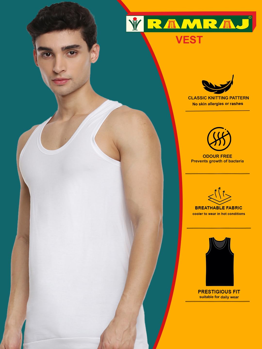 RAMRAJ COTTON Pack of 4 Men's White Round Neck Half Sleeve Cotton Undershirt Vest(White;85)