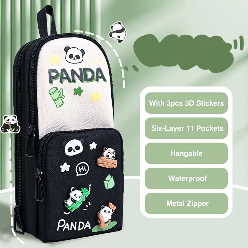 Supreme Deals Umadiya® Panda Pencil Case 6 Layer with 3 Compartment Cute Aesthetic Pencil Case for Boys & Girls Large Capacity Pencil Pouch for School Kids (Black Panda Pencil CASE)