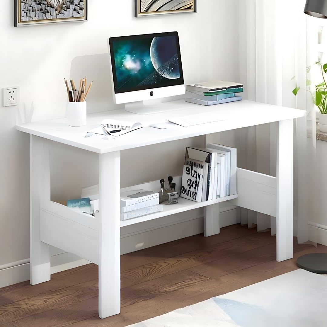 Callas Engineered Wood Computer Desk with Shelf – Modern Laptop Study Table for Home Office, Workstation & Writing Desk for Students and Professionals (ST-09-White)