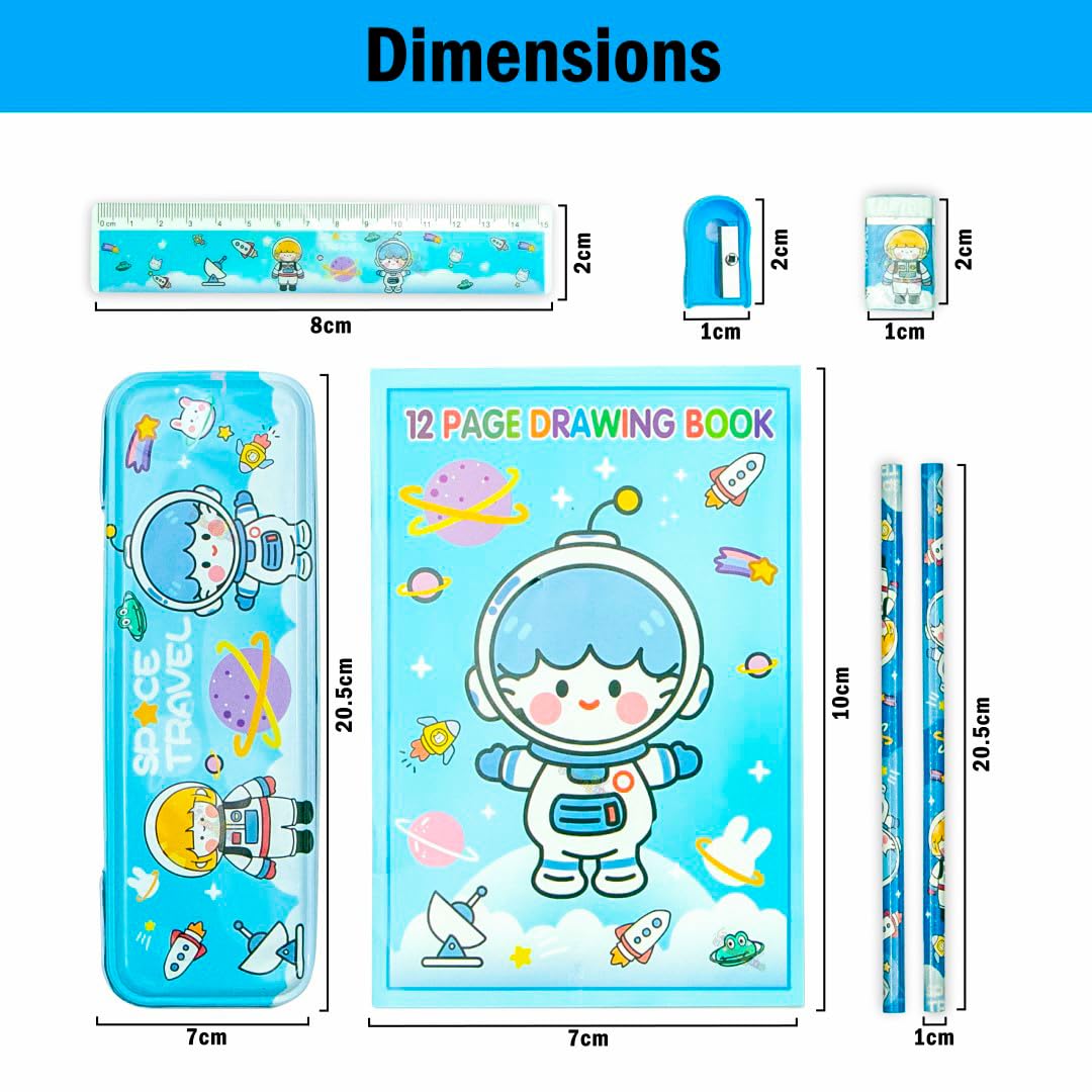 Toy Imagine™ Cute 8-Piece Stationery Kit for Kids – Includes Pencil Box, Pencils, Ruler, Drawing Book, Eraser, Sharpener & Transparent Pouch | School Supplies Set for Girls & Boys (Color May Vary)