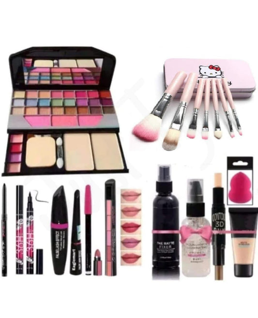 Just Tya Professional Makeup Kit Combo of Long lasting Multicolor Premuim 6155 Makeup Kit with 7 Pink Makeup Brush,1 Lipstick, Fixer, Primer, Contour, Foundation, 3in1 Eye Combo, 36H, Kajal and 1 Beauty blander-(Pack of 19)