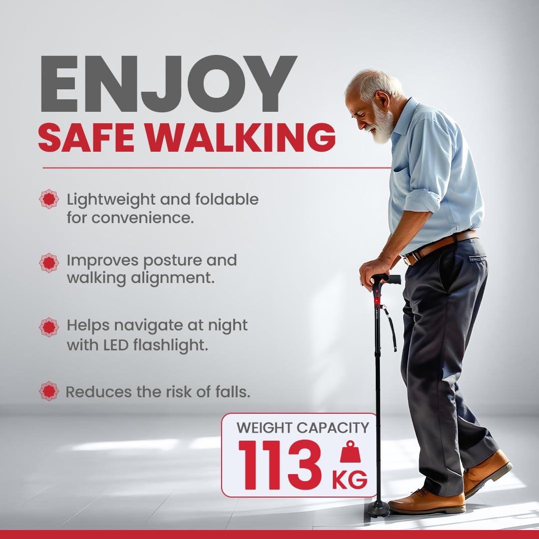 Antara AGEasy Walking Stick with SOS Alarm Button for Men & Women | Walking Cane for Old People | Walk Stick with Adjustable Height | Support Stick (Foldable Walking Stick with SOS Alarm)