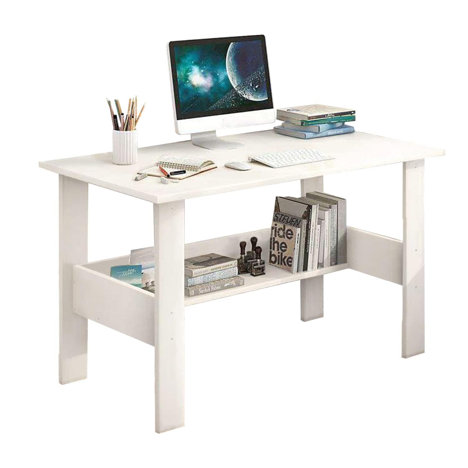 Callas Engineered Wood Computer Desk with Shelf – Modern Laptop Study Table for Home Office, Workstation & Writing Desk for Students and Professionals (ST-09-White)