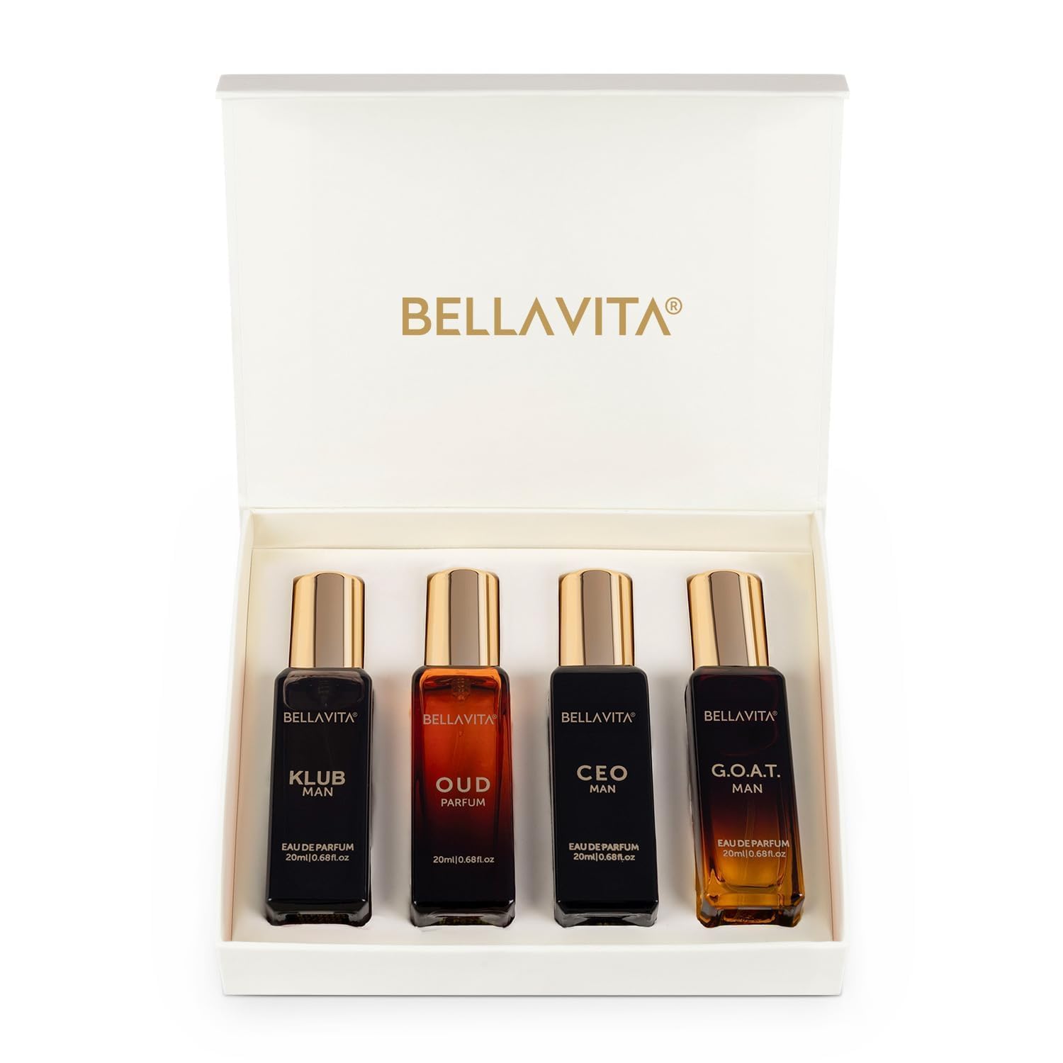 Bella Vita Luxury Long Lasting Men Gift Set | Perfume for Man | Gift for Man | 4x20ml | Woody, Citrusy, Oud Premium Fragrance | KLUB, OUD, CEO, G.O.A.T