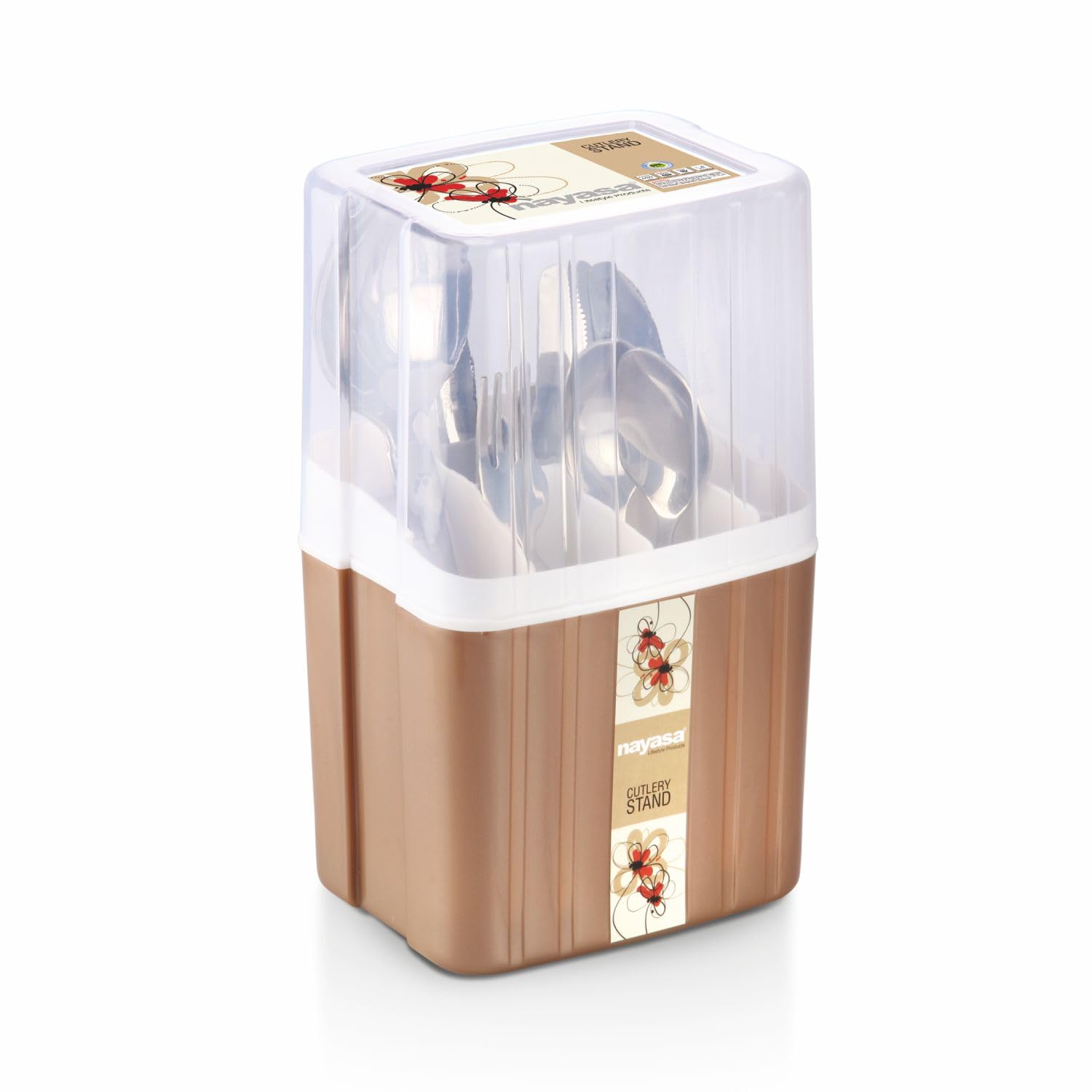 Nayasa Plastic Castle Cutlery Stand | Big | Utensils Holder with Compartments & Drip Tray | Spoon, Fork, Knife & Chopstick Organizer | Tabletop & Kitchen Storage Rack | Brown