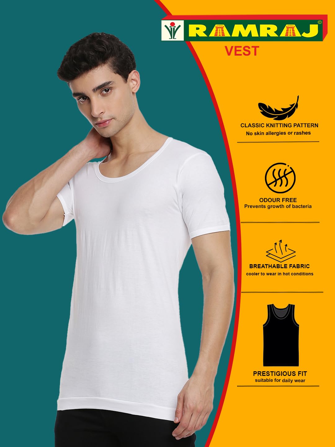 RAMRAJ COTTON Pack of 4 Men's White Round Neck Half Sleeve Cotton Undershirt Vest(White;85)