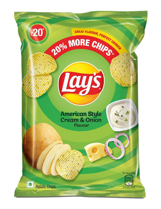 Lay's Potato Chips (40g + 8g Extra) +4.9g = 52.9 Gram, American Style Cream & Onion Flavour, Crunchy Chips & Snacks (Weight May Vary)