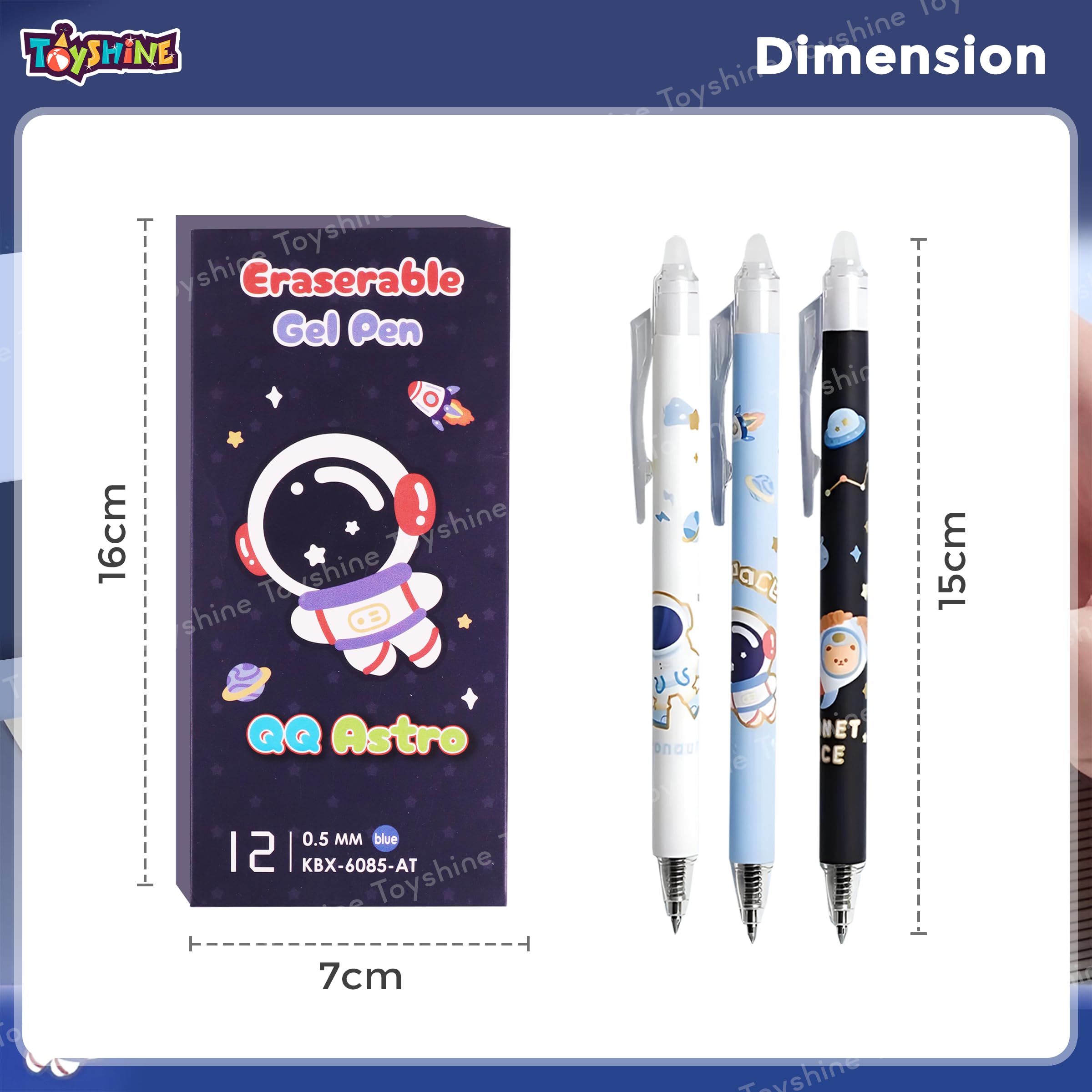 Toyshine 12 Pc Astronaut Theme Stylish Retractable 0.5mm Erasable Gel Pen, Blue Ink | Smooth Writing | Refillable Gel Pen | Kawaii Stationery for Kids Birthday Party Return Gift
