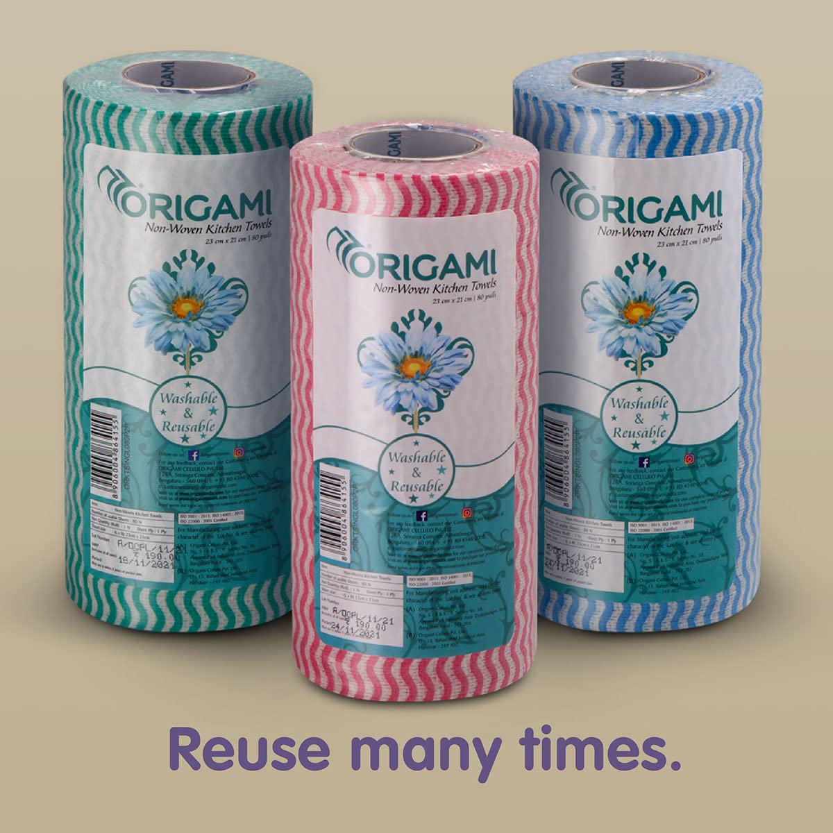 Origami Non-Woven Reusable & Washable Kitchen Towel Wipes (80 Wipes Per Roll, Total 160 Sheets)