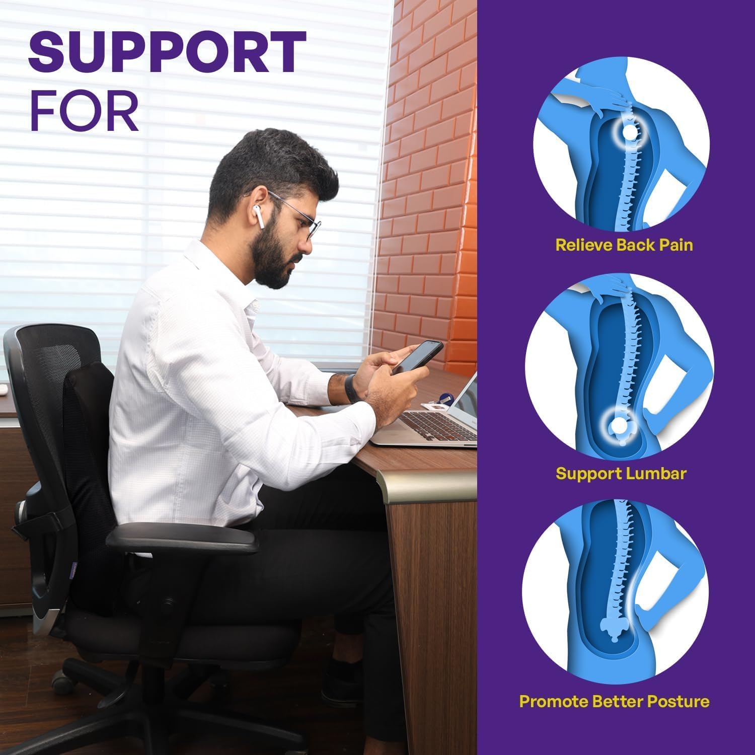 Voltonix Memory Foam Car Seat Back Support, Orthopedic Lumbar Back Rest for Back Pain Relief, Back Support Pillow for Office ChairCarBack Support Pillow,-Seat Cushion