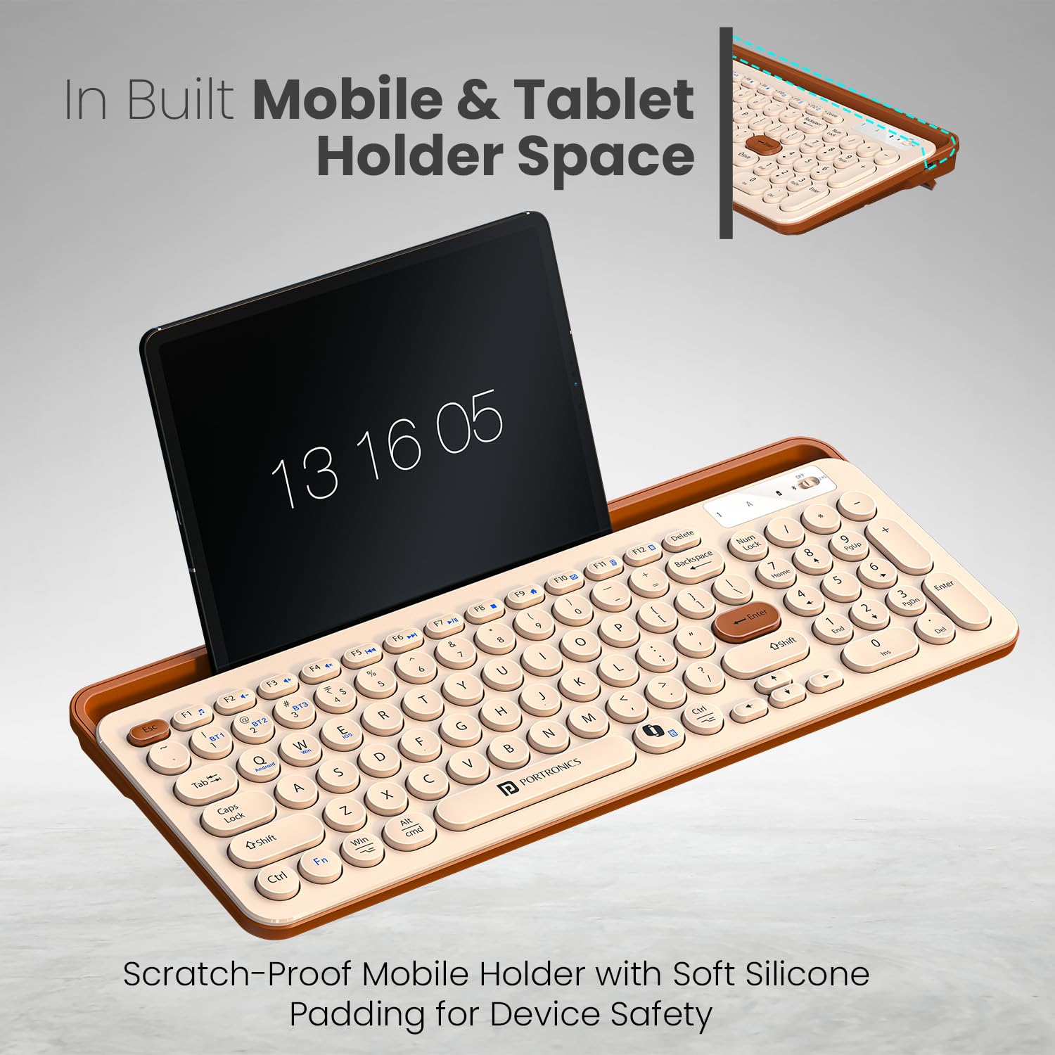 Portronics Bubble 3.0 Wireless Keyboard with Bluetooth + 2.4 GHz USB Receiver, Rechargeable Battery, Dual Height Adjustment, Multimedia Hotkeys with Numpad, for Laptop, PC, Smartphone, Tablet(Beige)