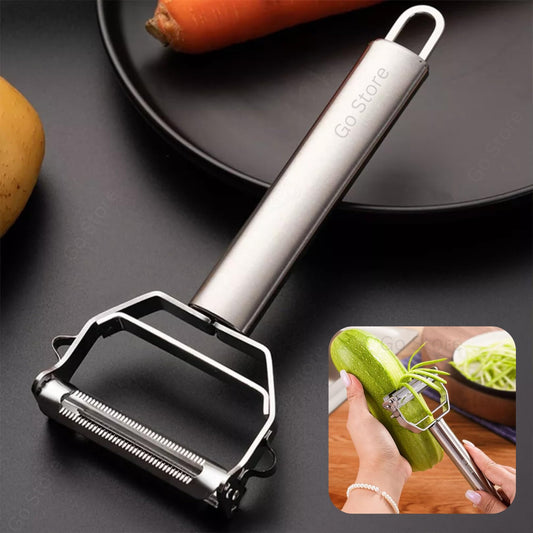 Go Store 2 in 1 Stainless Steel Julienne Vegetable Peeler Multi-Functional Fruit & Veggie Shredder Slicer and Grater for Potatoes, Carrots, Cucumbers (Silver, 18 x 8.2 x 2.4 cm)
