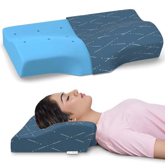MY ARMOR Cool Gel Cervical Pillow for Neck Pain and Shoulder Pain, Spondylitis Neck, Orthopedic Memory Foam Pillow, Sleeping Contour Support, Regular Size - 18.5 x 11 x 3.5 Inches, Blue Checks Cover
