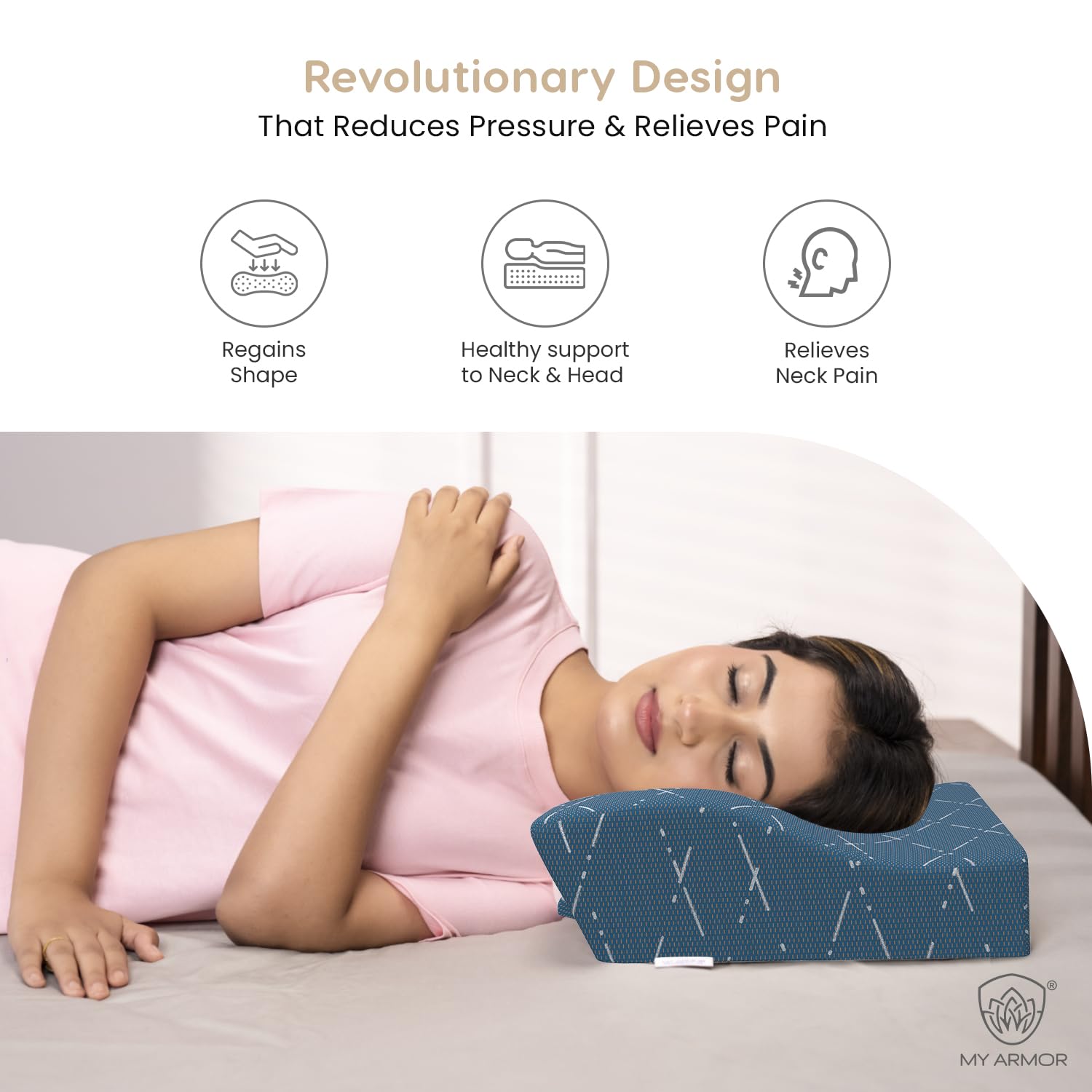 MY ARMOR Cool Gel Cervical Pillow for Neck Pain and Shoulder Pain, Spondylitis Neck, Orthopedic Memory Foam Pillow, Sleeping Contour Support, Regular Size - 18.5 x 11 x 3.5 Inches, Blue Checks Cover