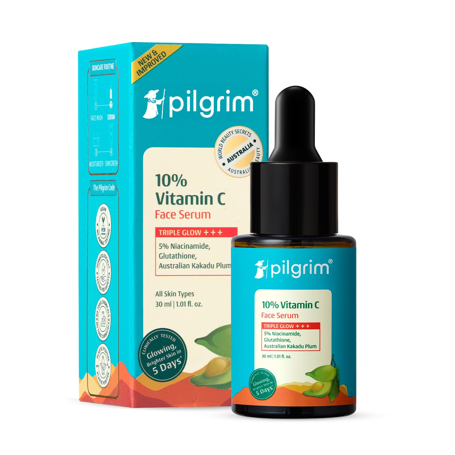 Pilgrim 10% Vitamin C Serum 30ml for Glowing Skin|With 5% Niacinamide, Hyaluronic & Glycolic Acid|Fades Dark Spots, Pigmentation|For All, Oily, Combination, Normal Skin |Beginner Friendly - Men, Women