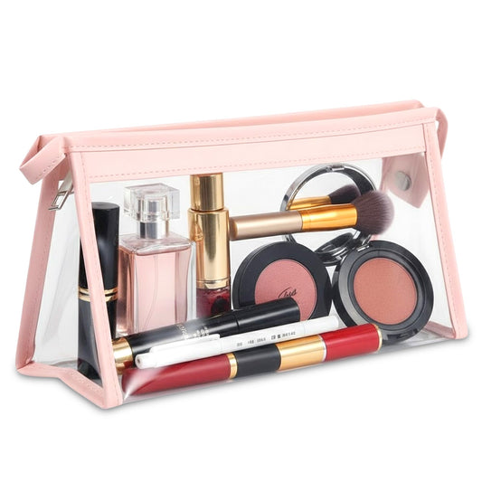 GLUN® Pink Transparent Makeup Pouch with Zipper | Clear Cosmetic Travel Bag for Women | Waterproof Toiletry Organizer | Pink Multipurpose Pouch for School, Travel & Daily Use