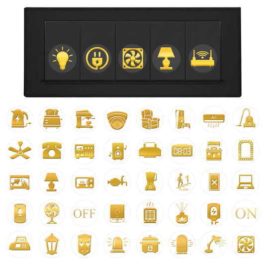 GLUN® Royal Gold 600 Vinyl Switchboard Stickers | 60+ Luxury Embossed Finish Icons for Fan, Light, AC & Home Switch Buttons