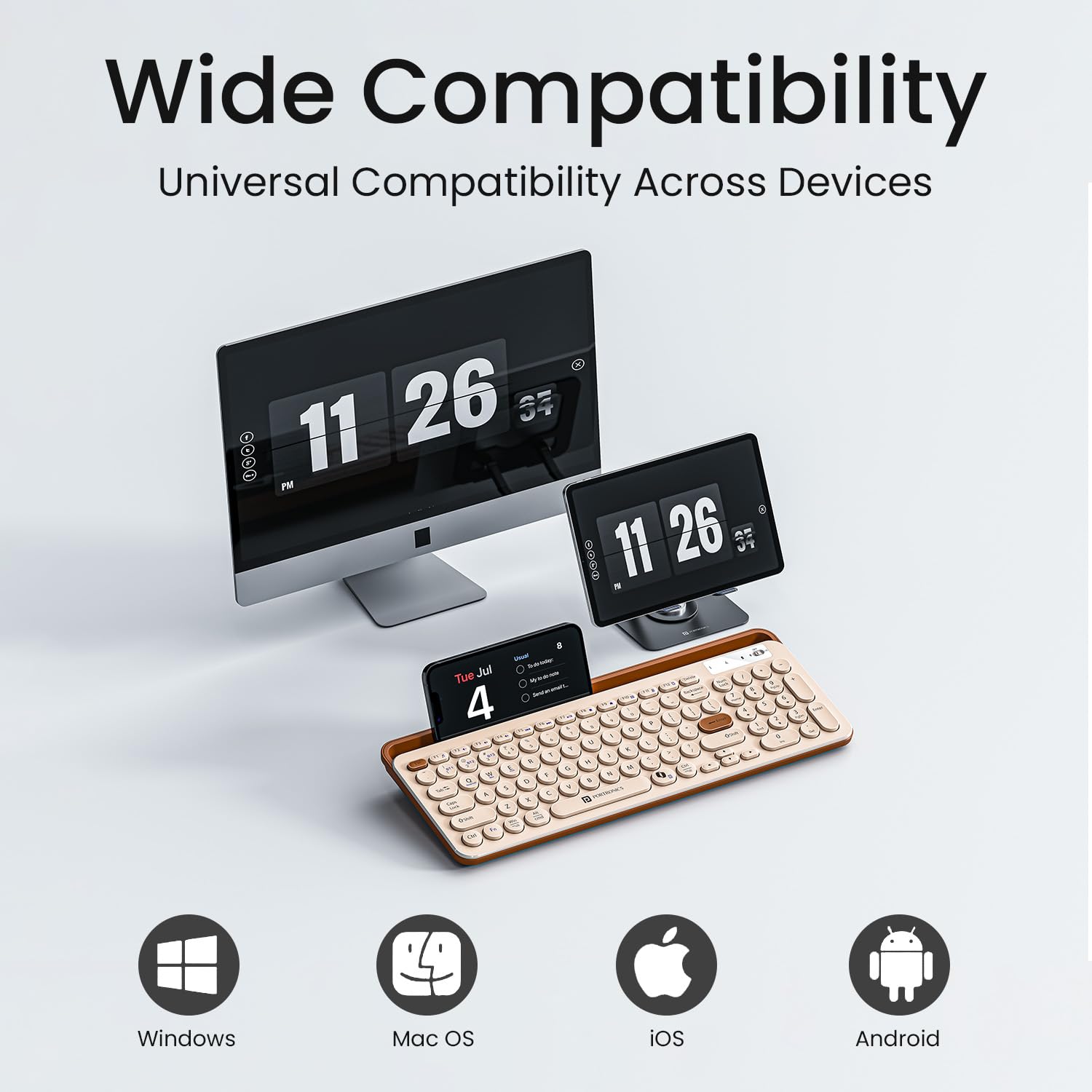 Portronics Bubble 3.0 Wireless Keyboard with Bluetooth + 2.4 GHz USB Receiver, Rechargeable Battery, Dual Height Adjustment, Multimedia Hotkeys with Numpad, for Laptop, PC, Smartphone, Tablet(Beige)